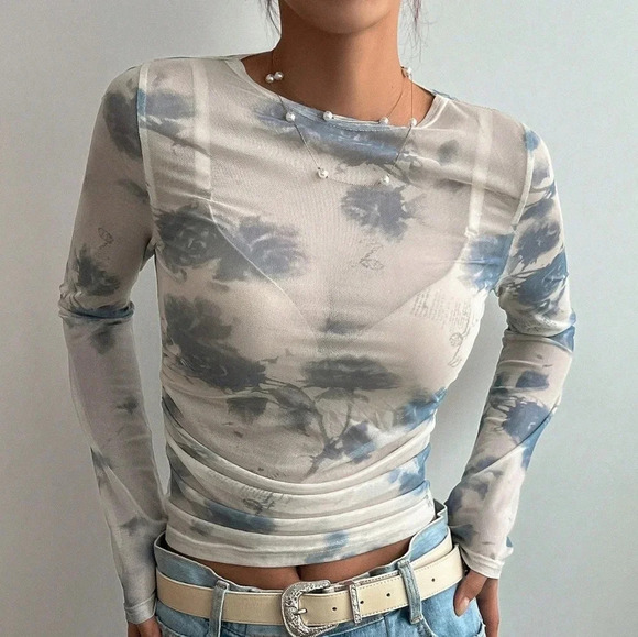 Floral Print Ruched Side Chiffon Crop Top Without Bra - Picture 4 of 4